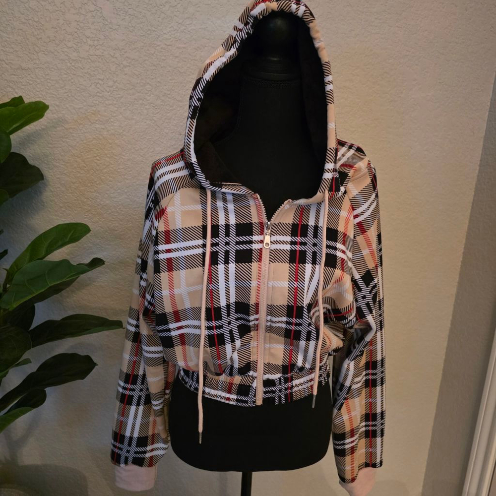 Women's J & K Plaid Zip-up Cropped Hoodie Jacket Tan/Black Size L
